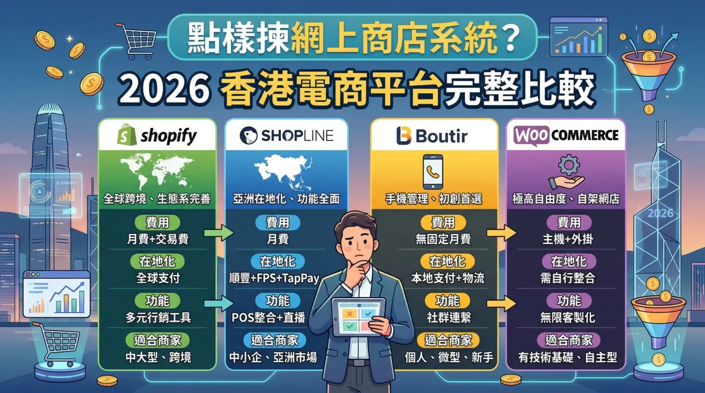 2026 香港電商平台比較資訊圖：Shopify、SHOPLINE、Boutir、WooCommerce 四大網上商店系統的費用、在地化、功能與適合商家對照